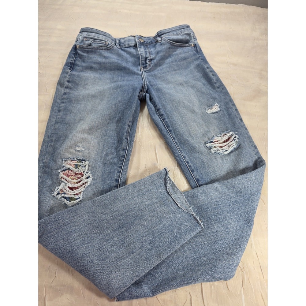 White House Black Market Floral Distressed Mid Rise Skinny Jeans Raw Hem Size 6